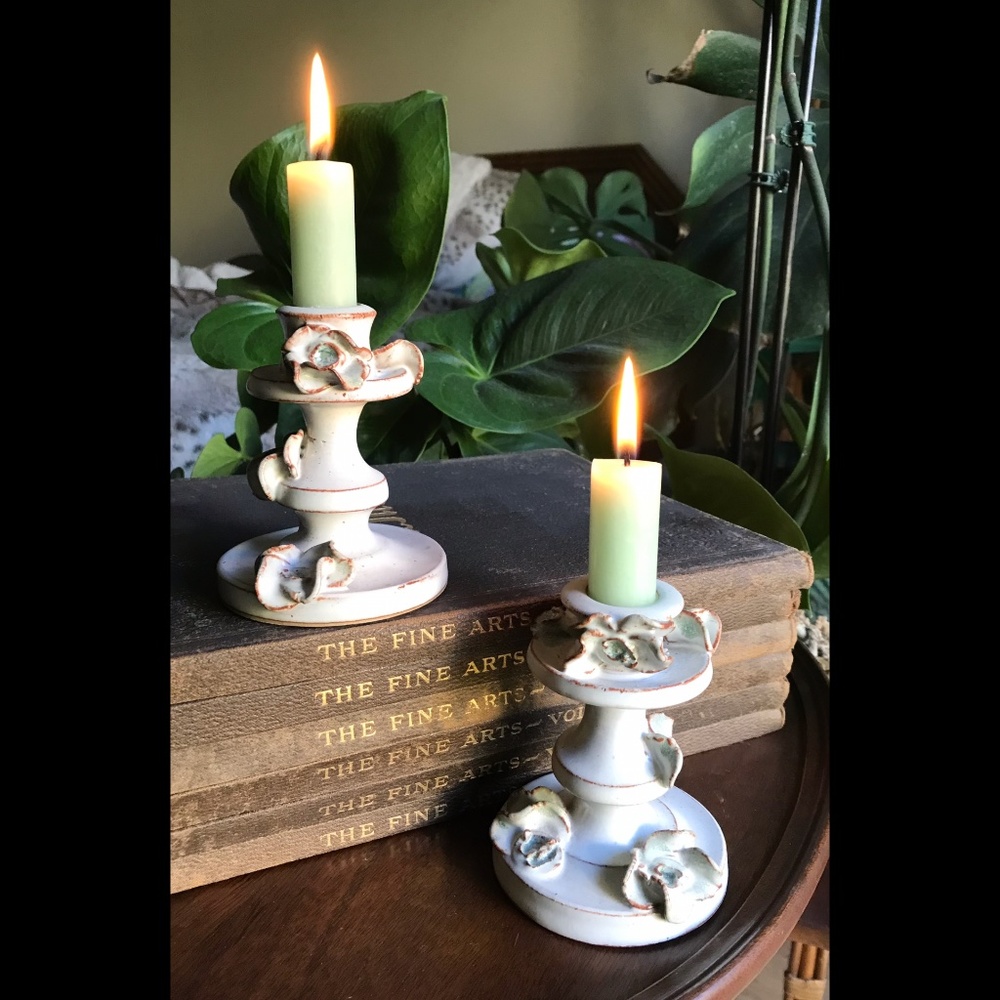 Beauteous Shabby Chic Rustic Pottery Candlesticks w/ Roses